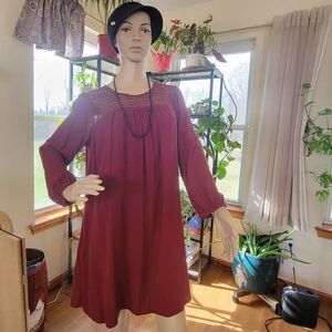 Gap Large Crocheted Dress Burgundy chiffon Rayon Smocked long sleeve flowy EUC